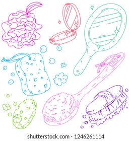 Hand drawn vector set of illustrations with bath and spa sponges, loofah, brushes and mirrors. Colorful lineart illustration for banners, posters, leaflets and ads, Cute and retro style, cartoon