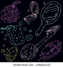 Hand drawn vector set of illustrations with bath and spa sponges, loofah, brushes and mirrors. Colorful inverted line art illustration for banners, posters, leaflets and ads, Cute style, cartoon