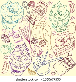Hand drawn vector set of illustrations of bakery items. Cupcakes with frosting and whipped cream, jam, fruits, kitchen utensils, cake, chocolate, candies, eggs, cloves. cinnamon