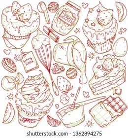 Hand drawn vector set of illustrations of bakery items. Cupcakes with frosting and whipped cream, jam, fruits, kitchen utensils, cake, chocolate, candies, eggs, cloves. cinnamon