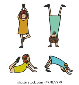 Hand drawn vector set of illustrations with girls  making yoga exercises. Colorful cartoon female characters collection, icons.