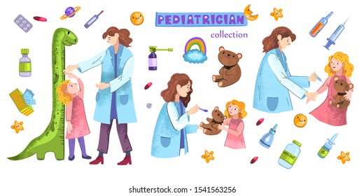 Hand drawn vector set “Pediatrician” with kind female doctor and little red-haired girl at the hospital appointment. With medical objects and smiles. Isolated on white background.  