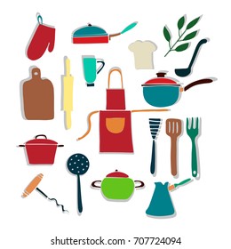 Hand drawn vector set kitchen utensils. cooking tools. Isolated on white.