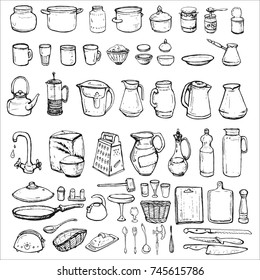 hand drawn vector set with kitchen utensils: teapot, brewer, bottle, oil, toaster, dripping pan, spoon