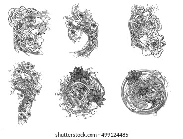 Hand drawn vector set koi with lotus, peony and  blossoms flower
