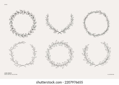 Hand drawn vector set of laurel wreaths. Wreath of gentle branches and leaves. Linear illustration. Botanical Design elements. Perfect for wedding invitations, greeting cards, prints, posters, logo