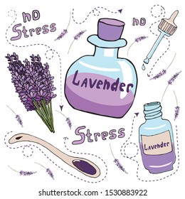 Hand drawn vector set with lavender essential oil.A branch of lavender.Wildflowers and herbs for organic and no stress lifestyle .Apothecary of natural wellness self-care.Aromatherapy oil.