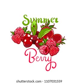 Hand drawn vector set Letterig summer berry colorful marker illustration. Berries engraving doodle sketch etch line. Raspberry, strawberry, cherry on white background. Dessert farm natural product.