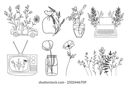 Hand drawn vector set of line art objects with wildflowers, conceptual logo design, linear illustrations