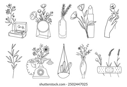 Conjunto de Vector dibujado a mano de objetos de arte lineal con flores silvestres, diseño conceptual de logotipo, ilustraciones lineales