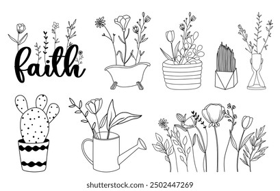 Hand drawn vector set of line art objects with wildflowers, conceptual logo design, linear illustrations