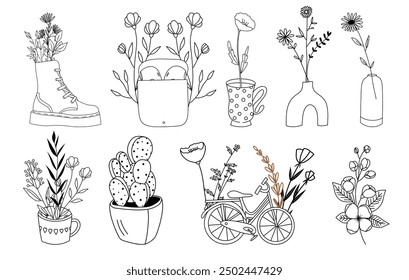 Hand drawn vector set of line art objects with wildflowers, conceptual logo design, linear illustrations