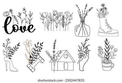 Hand drawn vector set of line art objects with wildflowers, conceptual logo design, linear illustrations