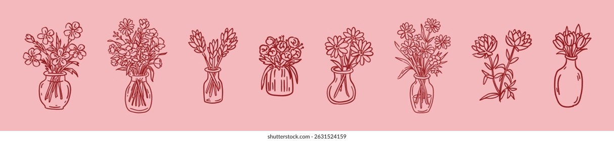 Hand drawn vector set in linear style , sketch, doodle on pink background flowers in vases and pitchers