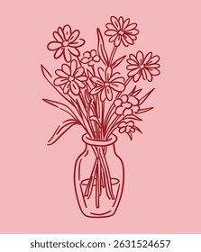 Hand drawn vector set in linear style , sketch, doodle on pink background flowers in vase