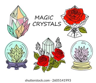 Hand drawn vector set of a magical crystals, esoteric theme, tattoo design.