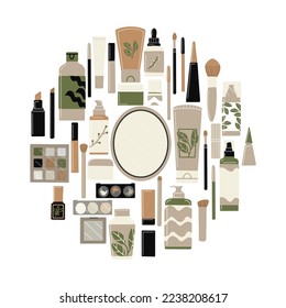 Hand drawn vector set of make up, skincare and hair care products isolated on white background.