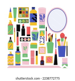 Hand drawn vector set of make up, skincare and hair care products isolated on white background.