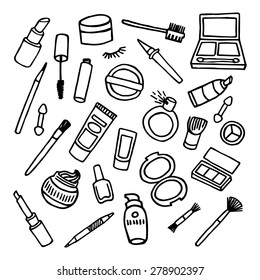 Hand drawn vector set of make up and cosmetics. background fashion