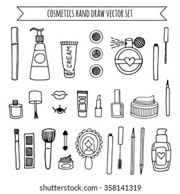 Hand drawn vector set of make up and cosmetics. background fashion