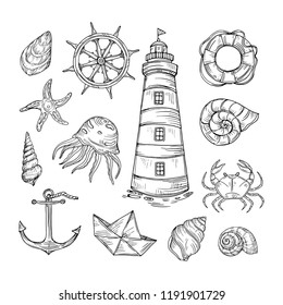  Hand drawn vector set of marine and nautical elements. Sea collection. Use for cards, banners, posters design.