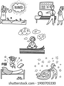 Hand drawn vector set of mattress doodle consepts. Include girl jumping on her bed, woman meditating on layered matress, girl replacing her ruined mattress, sleepy man folding his bed.