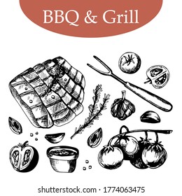 Hand drawn vector set of meat and vegetables on grill, BBQ party. Vector illustration for culinary book, restaurant menu, cafe, food design, shop windows. Garlic, tomatoes, rosemary, steak.