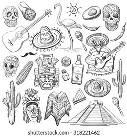 Hand drawn vector set of mexican symbols- guitar, sombrero, tequila, taco, skull, aztec mask, music instruments. Isolated national elements made in vector.