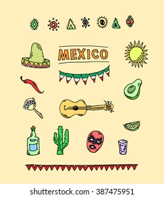 Hand drawn vector set of mexican symbols- guitar, sombrero, tequila, taco, skull, aztec mask, music instruments. Isolated national elements made in vector.