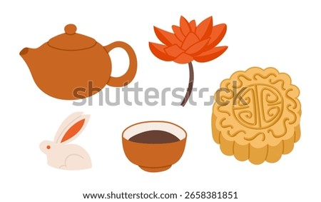 Hand drawn vector set of Mid-Autumn Festival elements including mooncake, teapot, cup, rabbit and lotus flower. Concept of traditional Chinese celebration, harvest moon and cultural holiday symbols