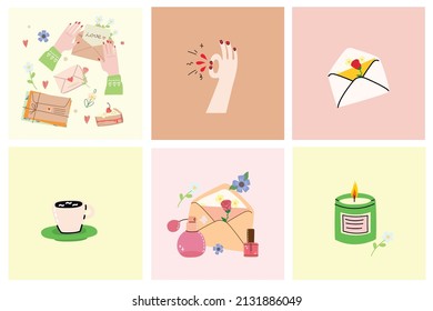 Hand drawn Vector set of Modern woman Lifestyle. Work and sport, fashion, spa, hobby, shopping concept. Various isolated icons