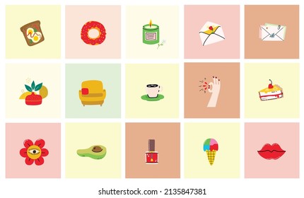 Hand drawn Vector set of Modern woman Lifestyle. Work and sport, fashion, spa, hobby, shopping concept. Various isolated icons