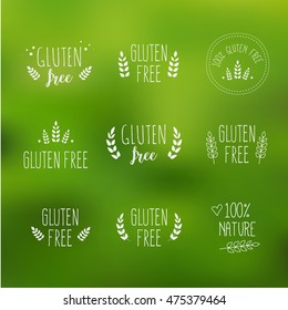 Hand drawn vector set for nature gluten free products, white icons set on green blurred background.