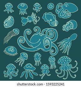 Hand drawn vector set of octopuses and jellyfishes on dark background. Color stock illustration.