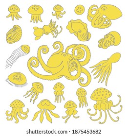 Hand drawn vector set of octopuses and jellyfishes isolated on white background. Yellow  and  gray stock illustration.