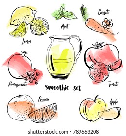 Hand drawn vector set of original smoothie fruits on watercolor background.