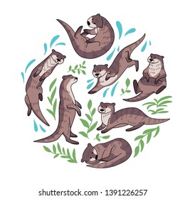 Hand drawn vector set of otters. Cute doodle illustration of Lutra lutra in different poses. Circle composition with plants and water drops.