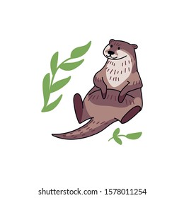 Hand drawn vector set of otters. Cute doodle illustration of Lutra lutra with plants