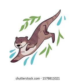 Hand drawn vector set of otters. Cute doodle illustration of Lutra lutra with plants