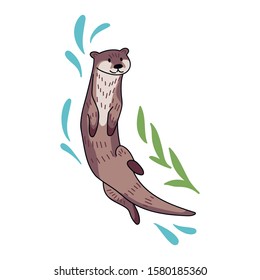 Hand drawn vector set of otters. Cute doodle illustration of Lutra lutra with plants