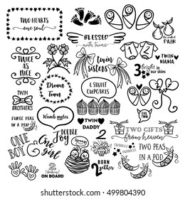 Hand drawn vector set of outline sticker icons - twin babies announcement. Design elements for twins baby shower greeting card.