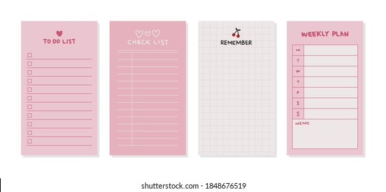 Hand drawn vector set of paper sheet, pack of paper, pink, sticky note, notepad page.