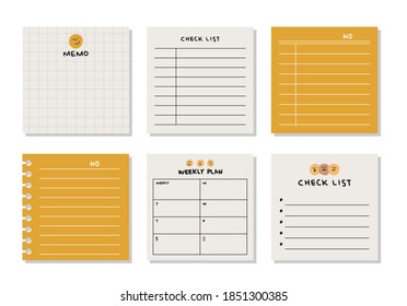 Hand drawn vector set of paper sheet, pack of paper, yellow, sticky note, notepad page.