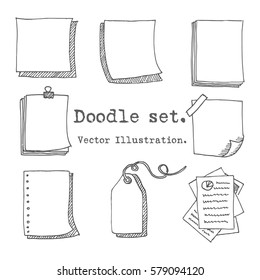 Hand Drawn Vector Set Of Paper Sheet, Pack Of Paper, Tag, Sticky Note, Notepad Page With Pin, Scotch Tape And Paperclip. Doodle Style Illustration Paper Sheets For Messages. Collection Of Doodle Icons