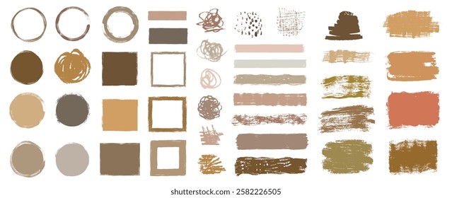 Hand drawn vector set with pencil scribbles, brushes in earthy brown colors, round and rectangular shapes with rough jagged edges, graphic design elements