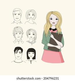 Hand drawn vector set of people faces (students). Fashion blond girl
