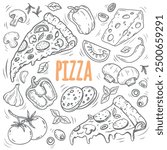 hand drawn vector set of pizza. Set of pizza ingredients in doodle style isolated. Design on white background for for menus, pizzerias, restaurants, banners, markets. Vector illustration