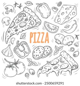 Vector dibujado a mano conjunto de pizza. Conjunto de ingredientes de pizza en estilo doodle aislado. Diseño sobre fondo blanco para menús, pizzerías, restaurantes, Anuncios, mercados. Ilustración vectorial