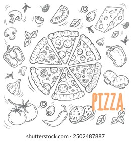 hand drawn vector set of pizza. Set of pizza ingredients in doodle style isolated. Design on white background for for menus, pizzerias, restaurants, banners, markets. Vector illustration