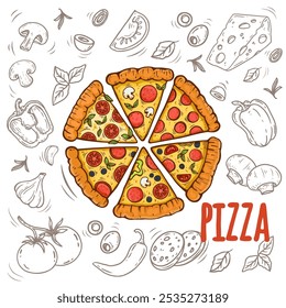 hand drawn vector set of pizza. Set of pizza ingredients in doodle style isolated. Design on white background for for menus, pizzerias, restaurants, banners, markets. Vector illustration